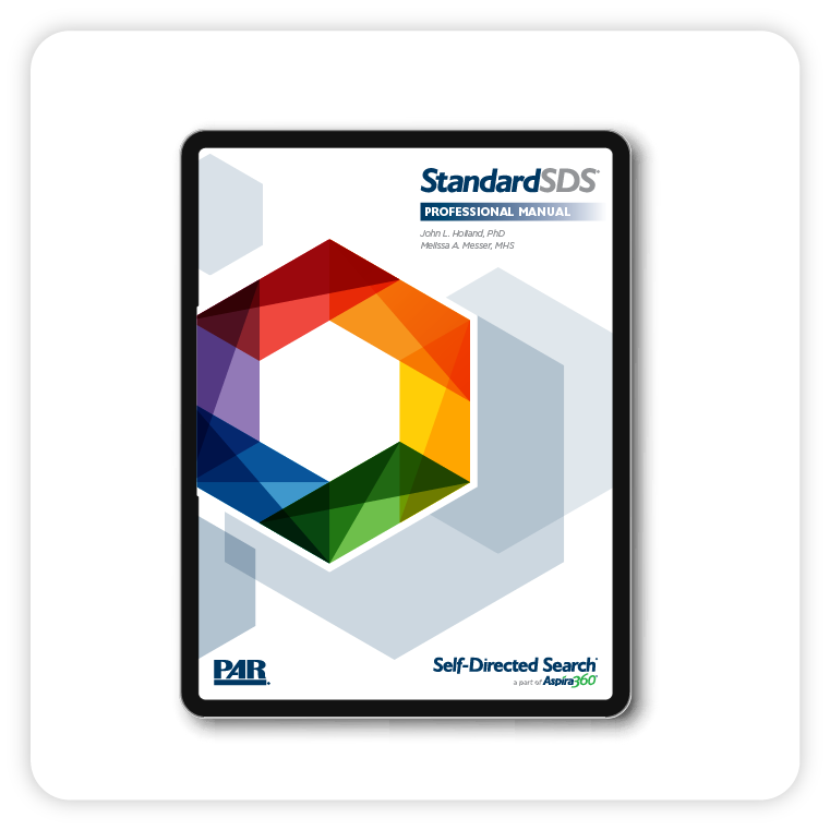 Tablet displaying the Self Directed Search (SDS) product manual cover