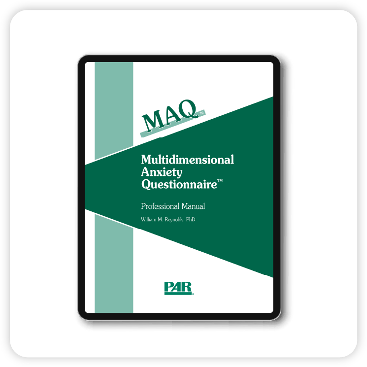 MAQ MultiDimensional Anxiety Questionnaire professional manual cover displayed on a tablet.